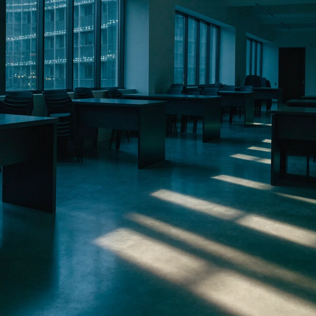 Leerer Seminarraum einer Sprachschule bei kühlem Abendlicht