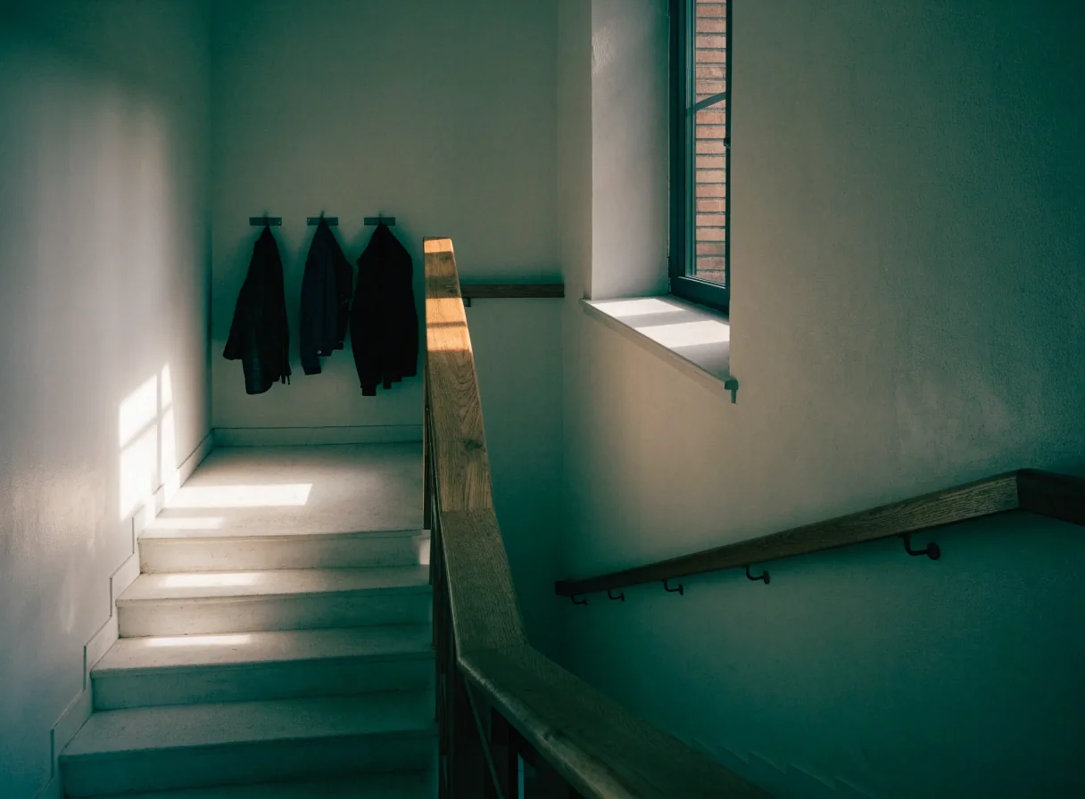 Flur einer Sprachschule in Berlin mit Garderobenhaken und Tageslicht durch Glastüren