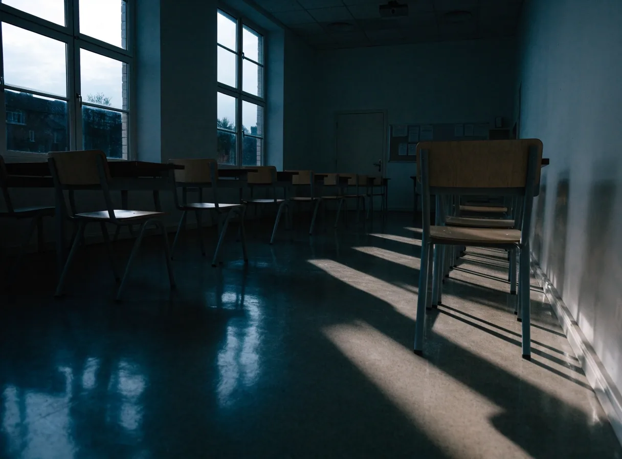 Leere Unterrichtsräume einer Sprachschule am Abend mit Stuhlreihen und hohen Fenstern, kaltes Tageslicht auf dem Boden