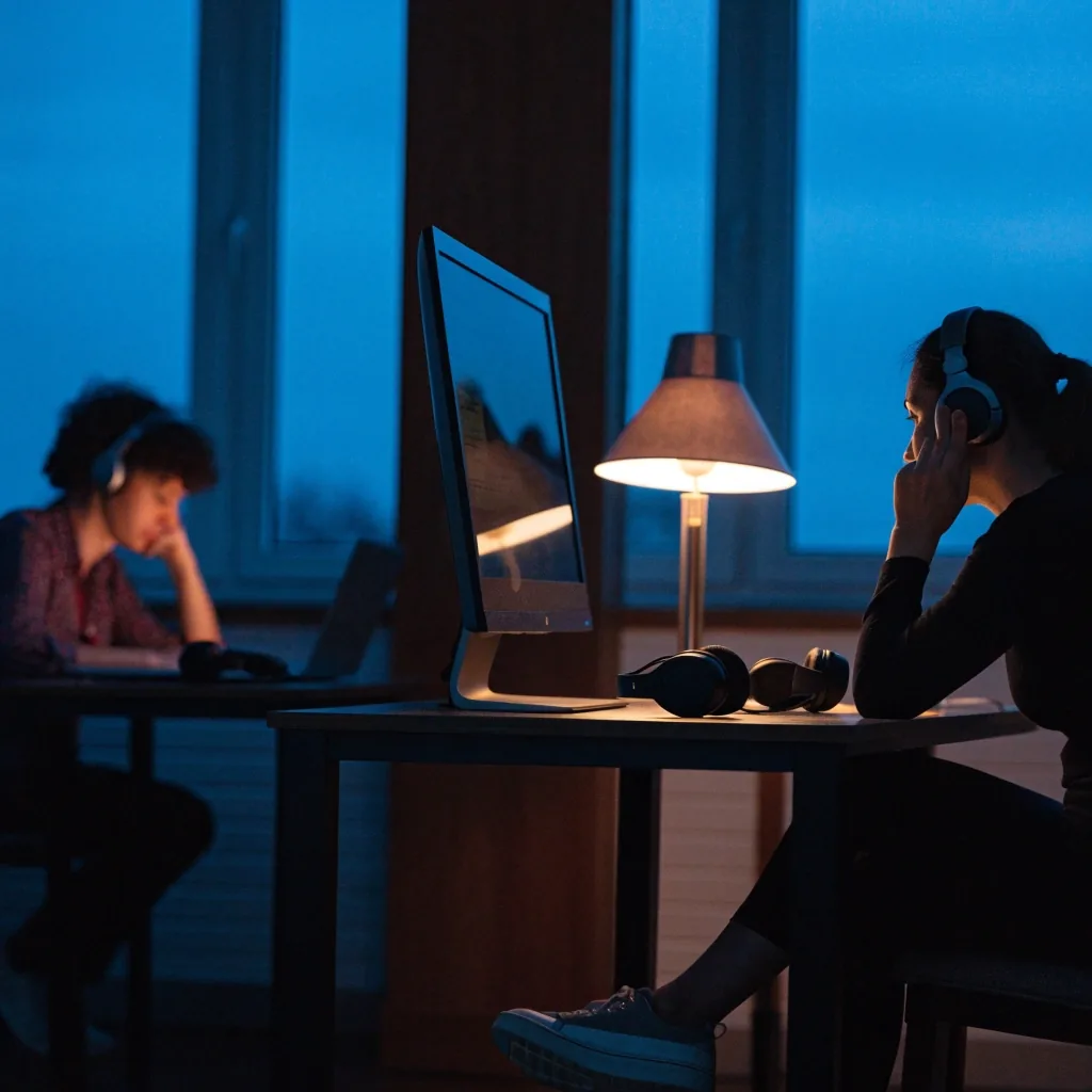 Arbeitsplatz am Abend für die Online-Übung am Rechner