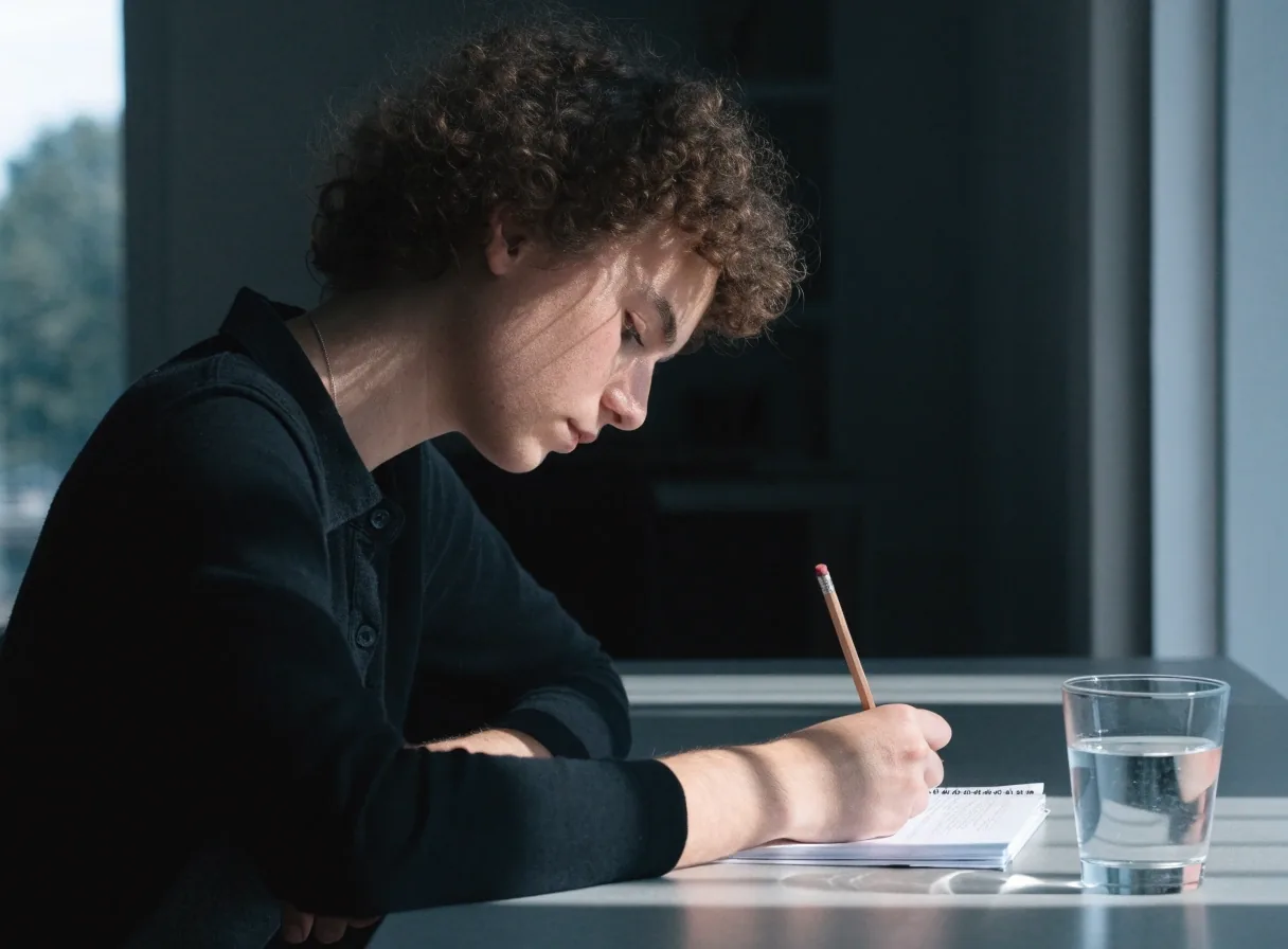 Hand auf einem aufgeschlagenen Übungsheft neben einem Stift auf dem Tisch