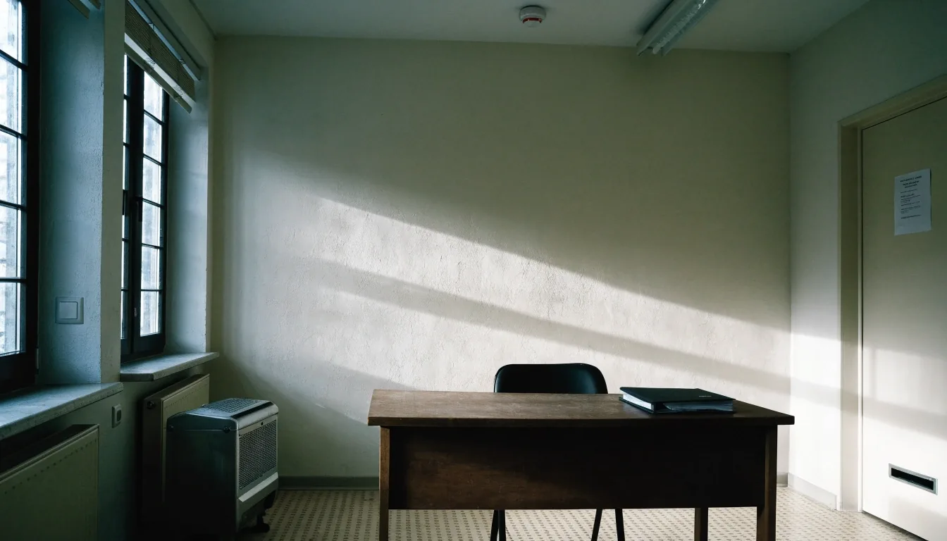 Leerer Prüfungsraum mit einem Tisch und Tageslicht am Morgen