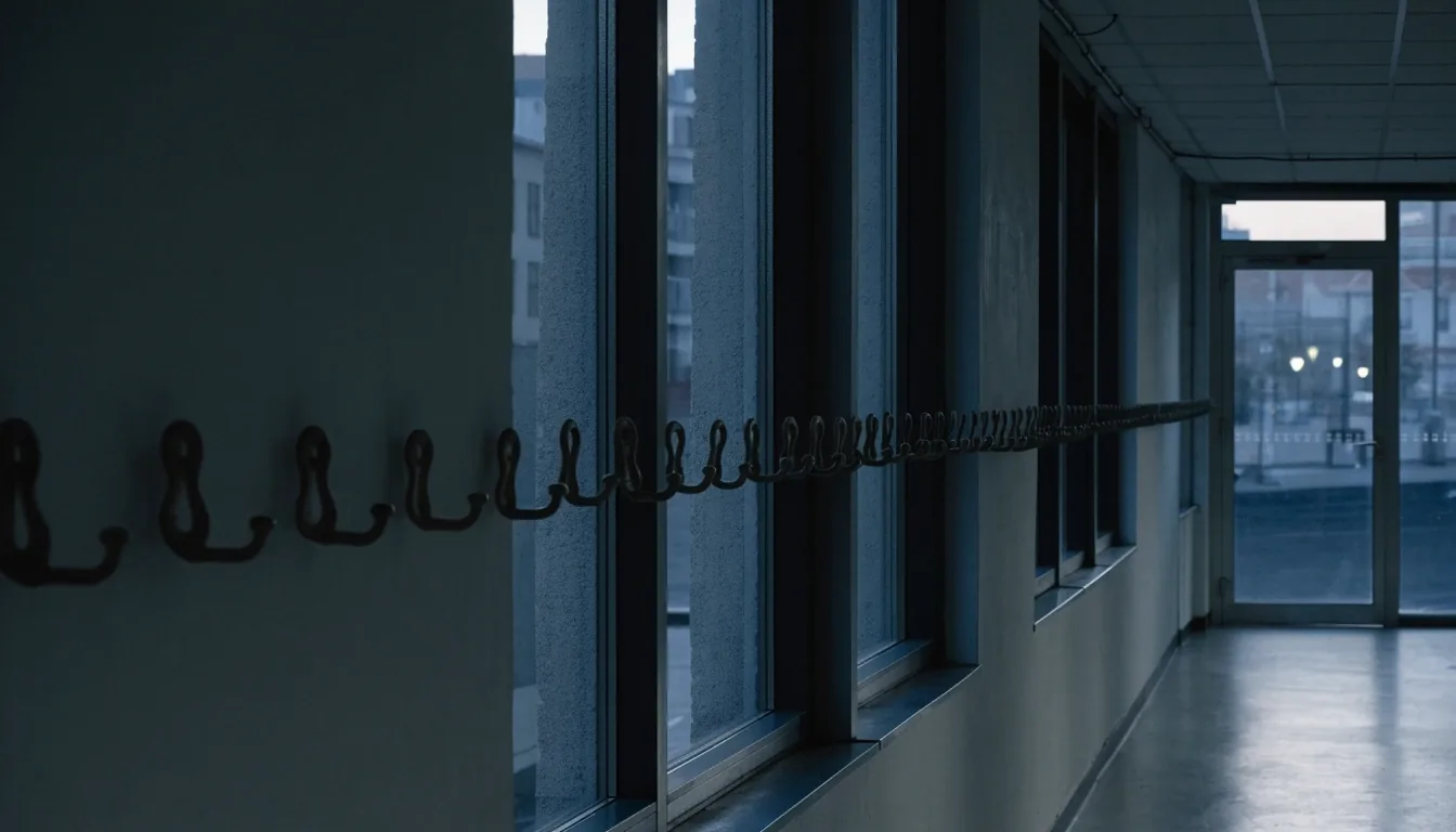 Abendlicher Flur eines Sprachinstituts mit Fensterfront und Blick nach draußen